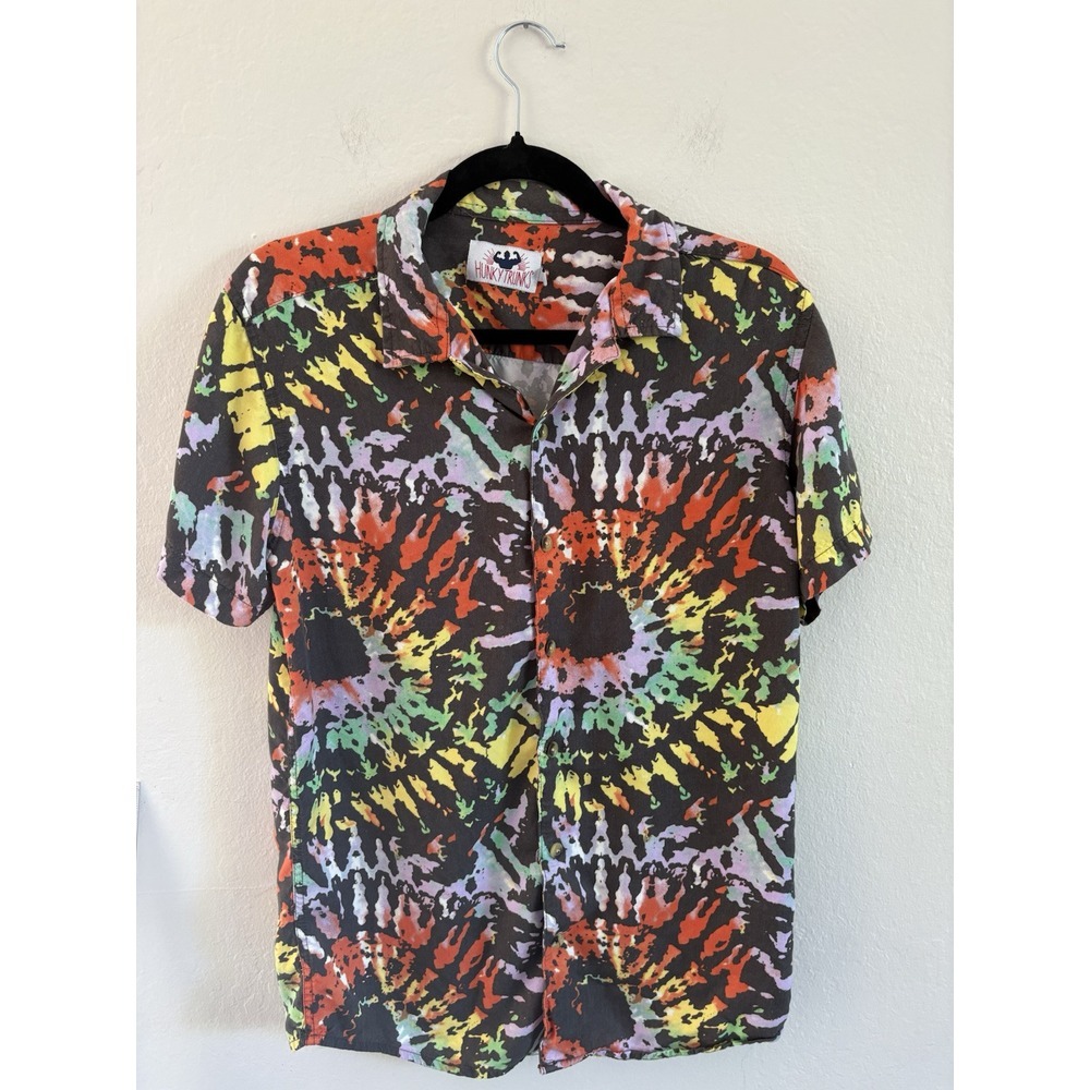 Hunky Trunks Shirt Men S Button Down Short Sleeve Rainbow Explosion Collared Top